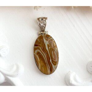 Utah Agate Brown & Gold Oval Floral Bail Sterling Silver 925 Vintage Pendant
